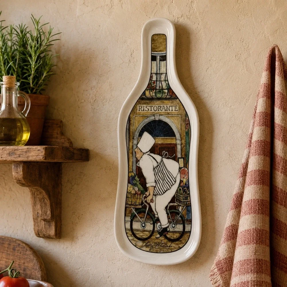 CounterArt Ceramic Wine Bottle Spoon Rest Italian Chef Ristorante Bicycle 9.5in